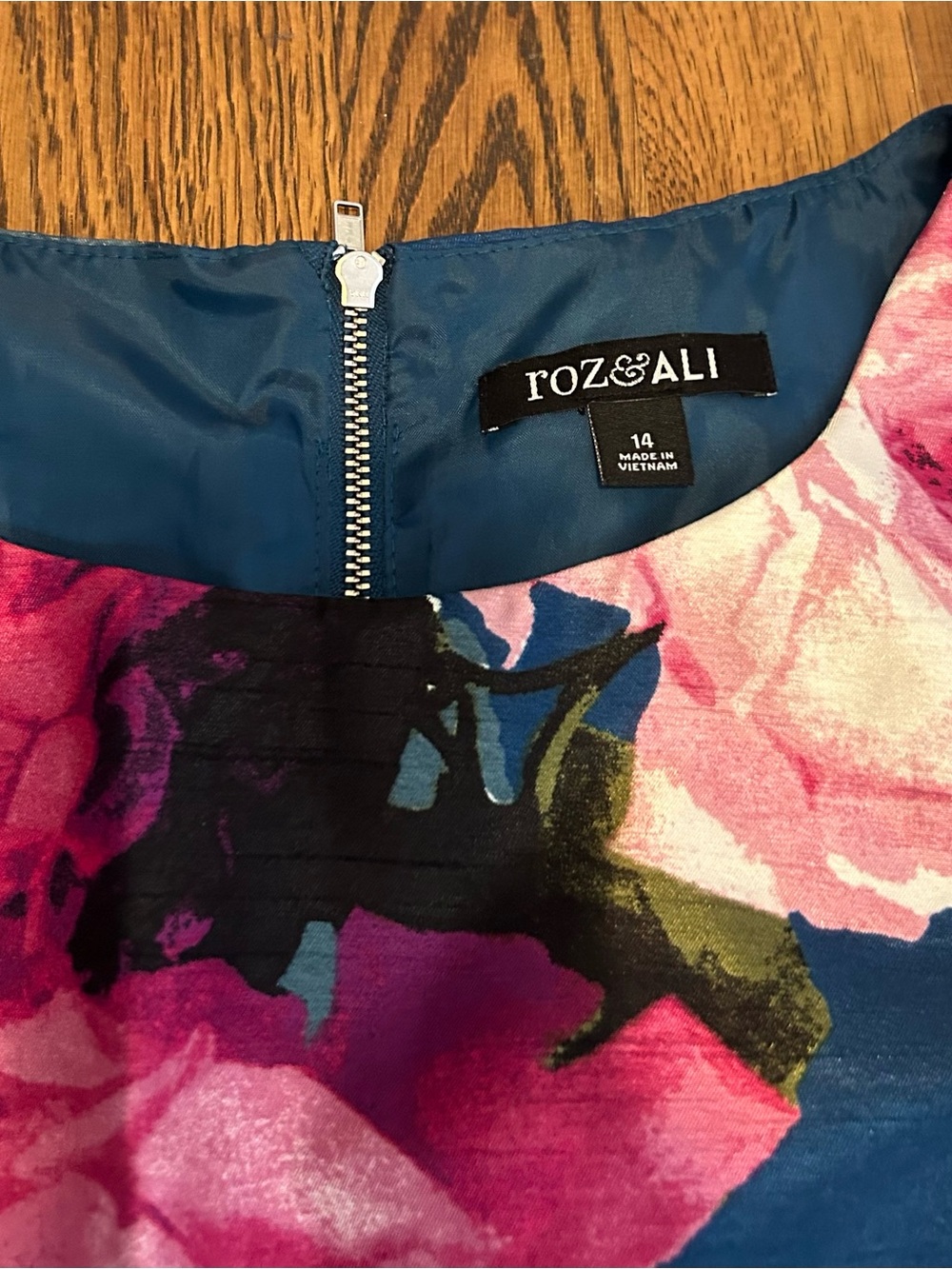 Roz & Ali Formal Teal Navy Floral Midi Cocktail Dress with Pink Blooms - Picture 4 of 11